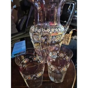 Vintage Bohemian Handpainted Water Pitcher With Ruffle Rim And 2 Small Tumblers